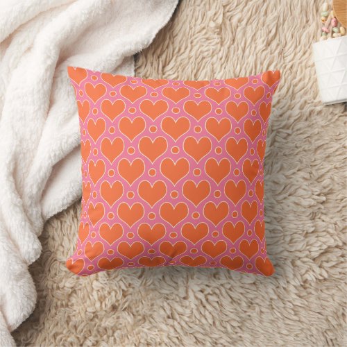 Love Hearts and Polka Dots pattern in Pink Orange Throw Pillow