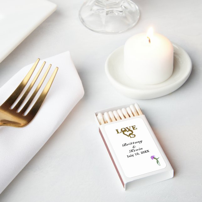 Love Hearts and Purple Thistle Wedding Reception Matchboxes (Insitu)
