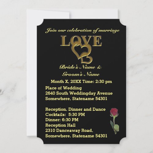 Love Hearts and Red Rose Black Wedding Invitation
