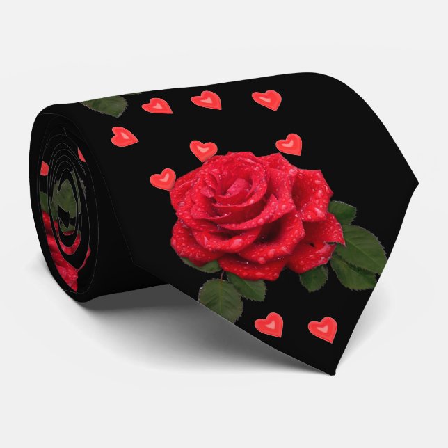 Love Hearts and Red Roses on Black Valentine's Day Neck Tie (Rolled)