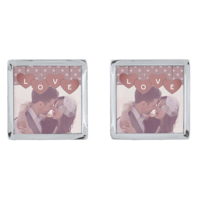 Love Hearts Banner Romantic Overlaid Custom Photo Cufflinks (Front)