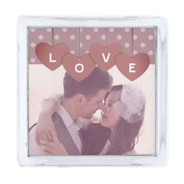 Love Hearts Banner Romantic Overlaid Custom Photo Silver Finish Lapel Pin (Front)