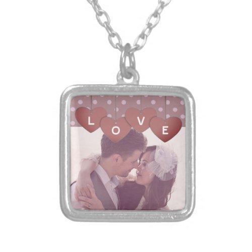 Love Hearts Banner Romantic Overlaid Custom Photo Silver Plated Necklace