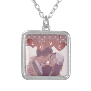 Love Hearts Banner Romantic Overlaid Custom Photo Silver Plated Necklace