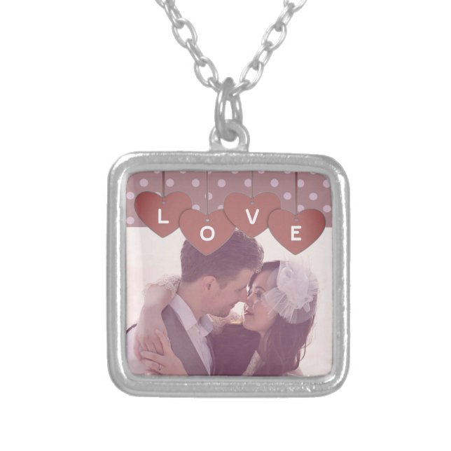 Love Hearts Banner Romantic Overlaid Custom Photo Silver Plated Necklace (Front)