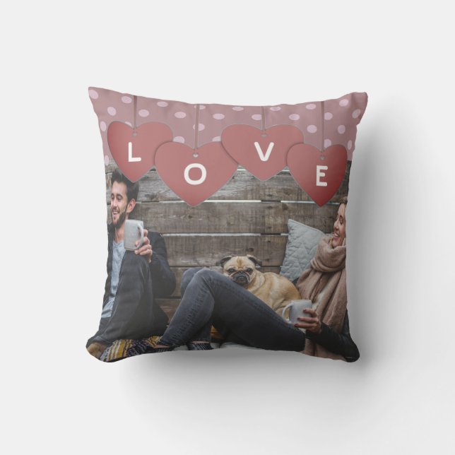 Love Hearts Banner Romantic Overlaid Photo Throw Pillow (Front)