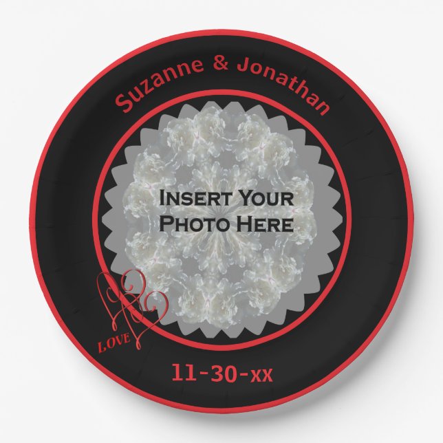 Love Hearts Black Personalized Wedding Photo  Paper Plates (Front)