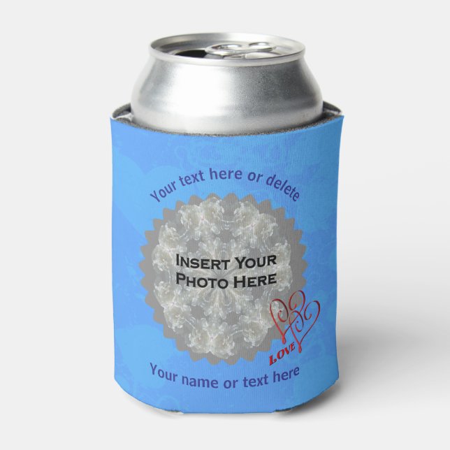 Love Hearts Blue Personalized Photo  Can Cooler (Can Front)