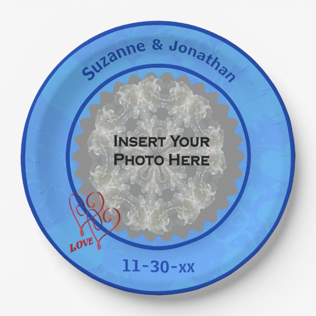 Love Hearts Blue Personalized Wedding Photo  Paper Plates (Front)