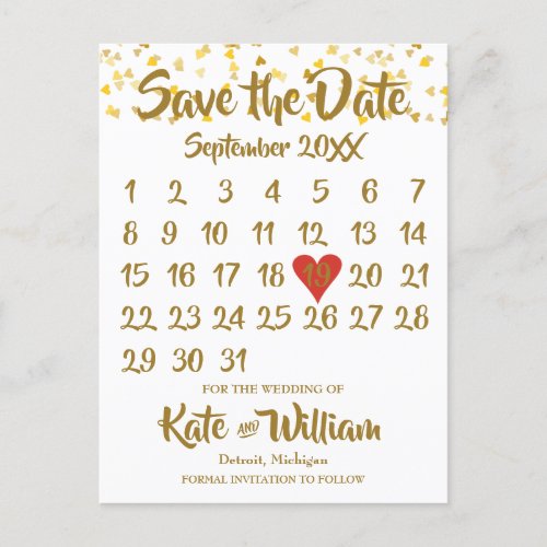 Love Hearts Confetti Calendar Save the Date Announcement Postcard