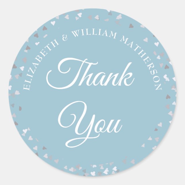 Love Hearts Confetti Script Thank You Classic Round Sticker (Front)