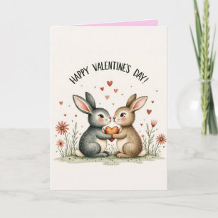 Love Hearts Cute Rabbit Roses Valentines Day Holiday Card
