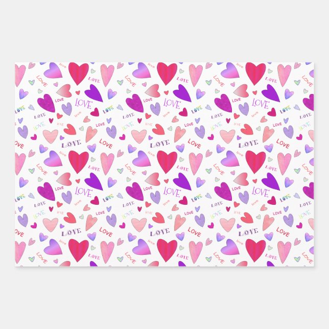 Love Hearts Engaged Anniversary Striped Pink Gift Wrapping Paper Sheets (Front)