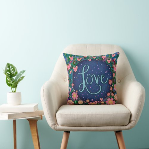 Love Hearts Floral Blue Hand_Lettered Inspirivity  Throw Pillow