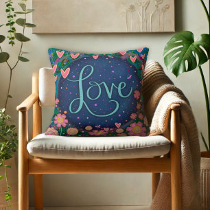 Love Hearts Floral Blue Hand-Lettered Inspirivity  Throw Pillow