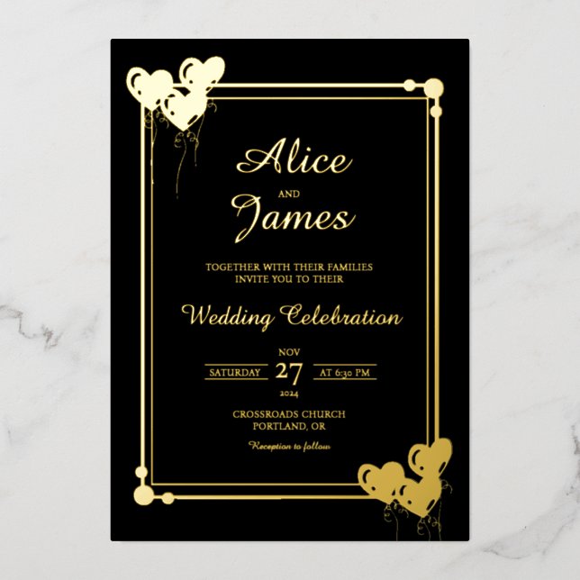 Love Hearts Frame Elegant Black Gold Foil Wedding Invitation (Front)