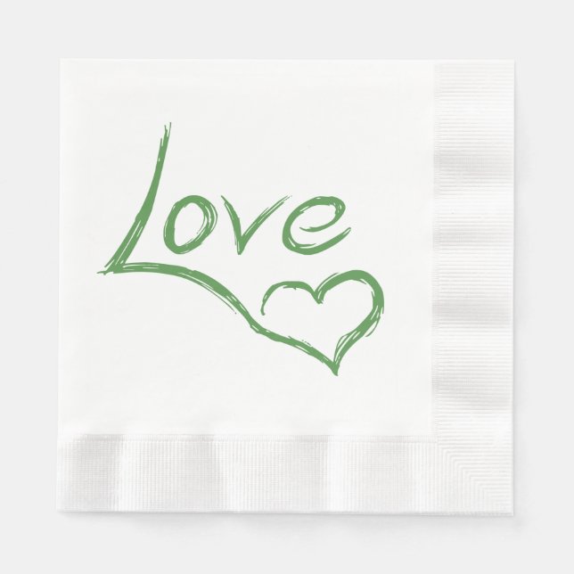 Love & Hearts Green & White Wedding Party Paper Napkins (Front)