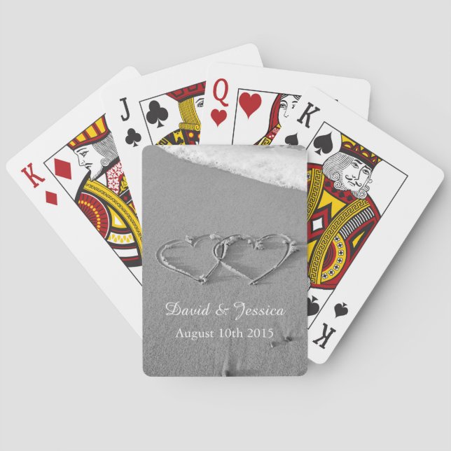 Love hearts in sand deck of wedding playing cards (Back)