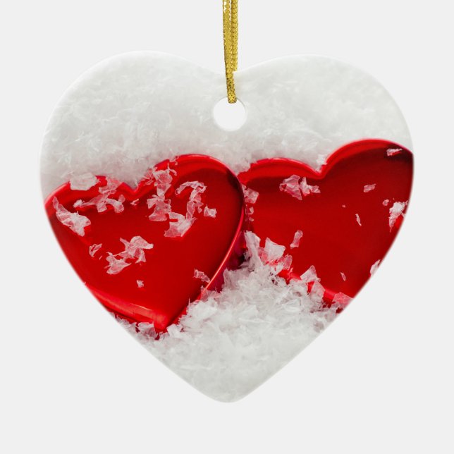Love Hearts in Snow Double-Sided Heart Ornament (Front)