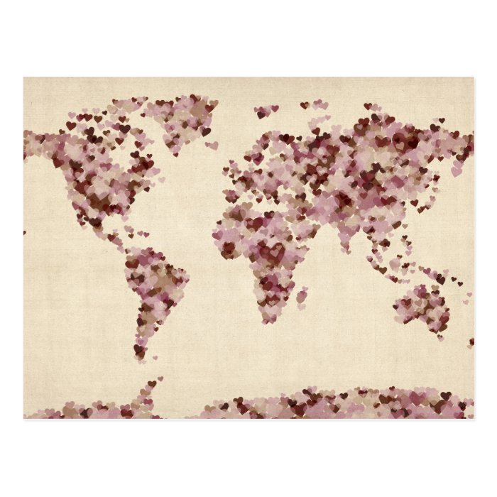 Love Hearts Map of the World Map Post Card