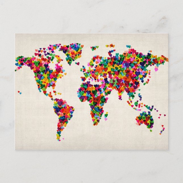Love Hearts Map of the World Map Postcard (Front)
