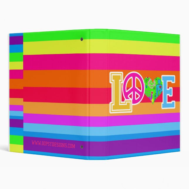 "LOVE" Hearts & Peace on Striped Background 3 Ring Binder (Background)