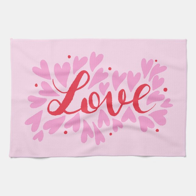 Love hearts - pink and red kitchen towel (Horizontal)