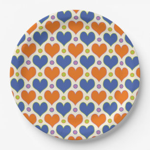 Love Hearts & Polka Dots pattern in Blue & Orange Paper Plates
