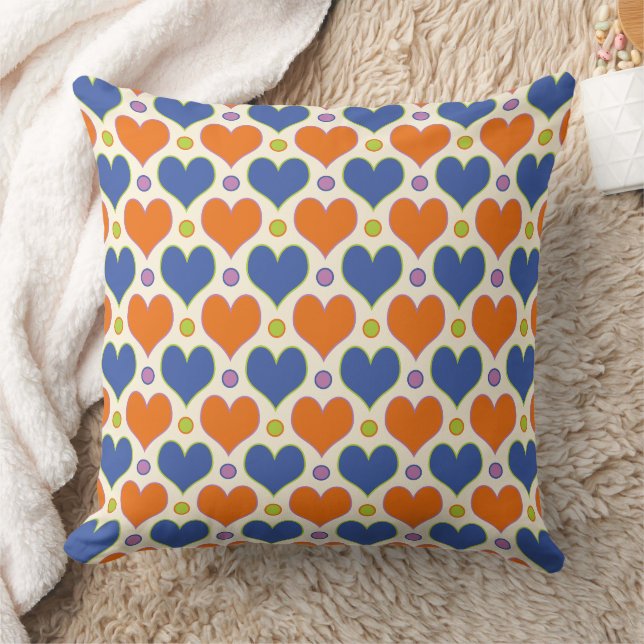 Love Hearts & Polka Dots pattern in Blue & Orange Throw Pillow (Blanket)