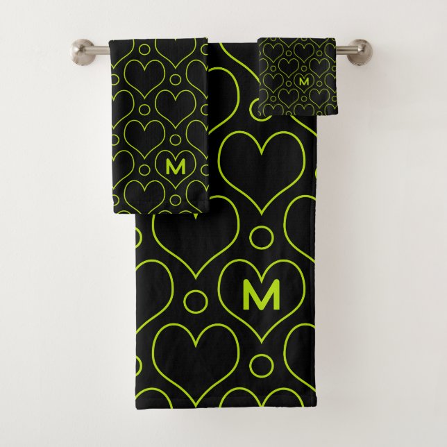 Love Hearts & Polka Dots pattern in Lime Green Bath Towel Set (Insitu)