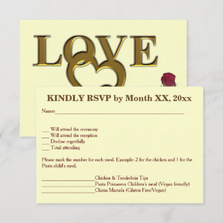 Love Hearts & Red Rose Wedding RSVP Menu Invite