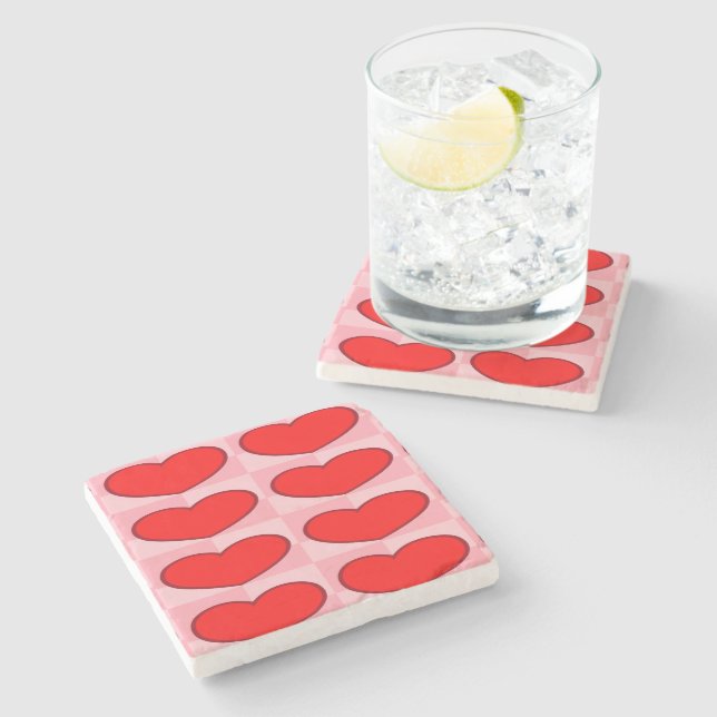 Love hearts red squares stone coaster (Side)