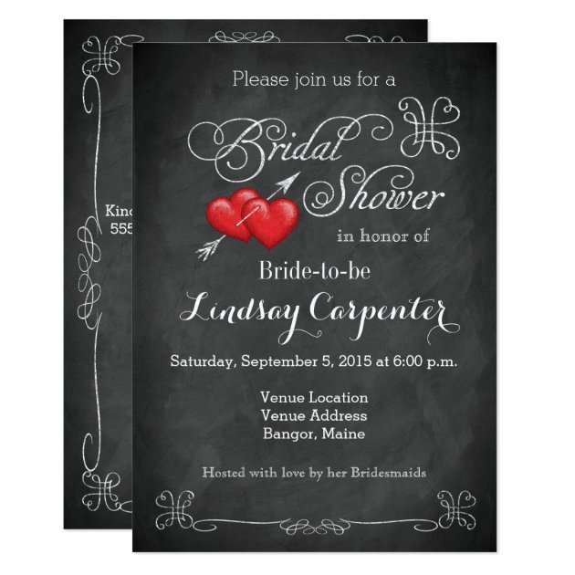 Love Hearts, Scrolls Chalkboard Bridal Shower Invitation