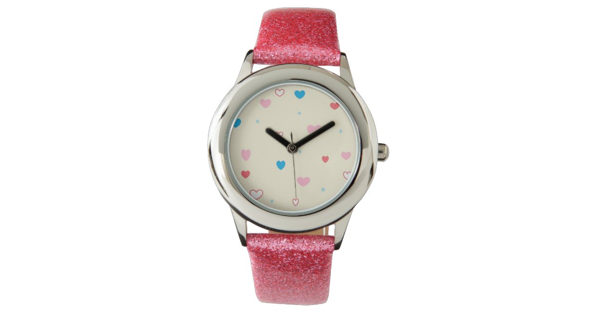 Love Hearts watch with Pink Glitter Strap | Zazzle
