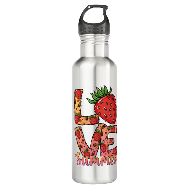 Love Hello Summer Strawberry Stainless Steel Water Bottle (Front)