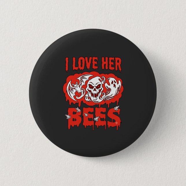 Love Her Bees Skull Ghost Bat Blood Drip Button (Front)