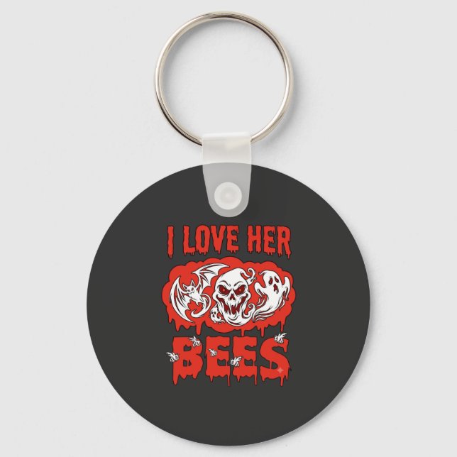 Love Her Bees Skull Ghost Bat Blood Drip Keychain (Front)