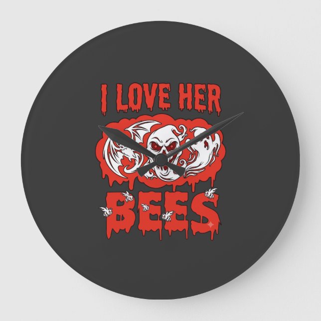 Love Her Bees Skull Ghost Bat Blood Drip Large Clock (Front)