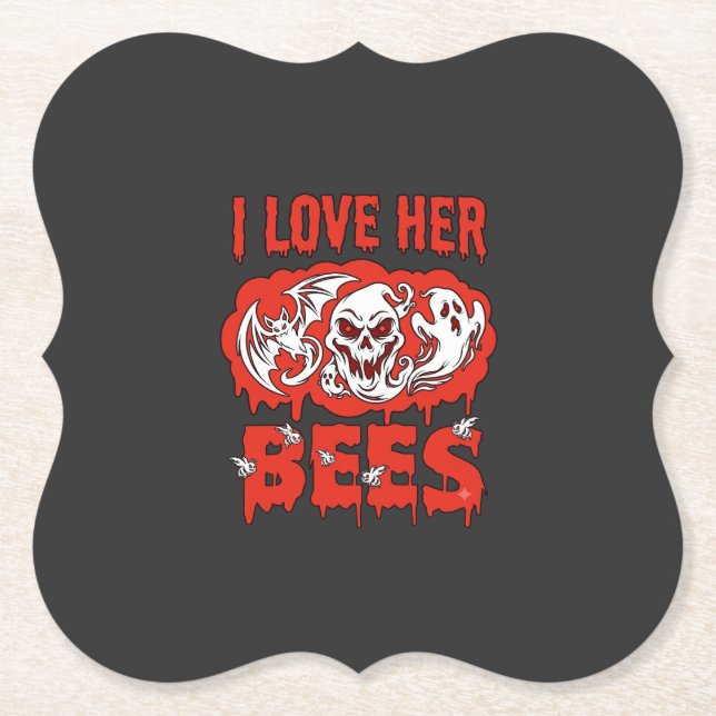 Love Her Bees Skull Ghost Bat Blood Drip Paper Coaster (Front)