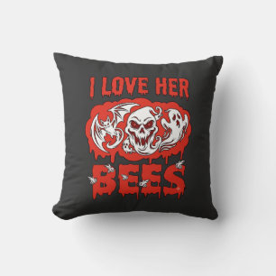 Love Her Bees Skull Ghost Bat Blood Drip Throw Pillow