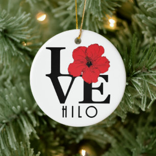 LOVE Hilo Hawaii Red Hibiscus Ceramic Ornament