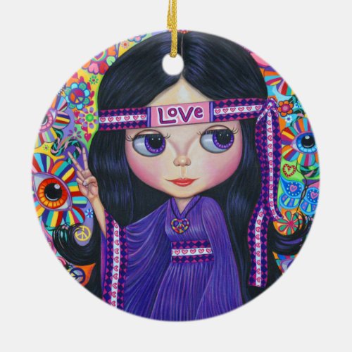 Love Hippie Girl Peace Sign Big Eyes Purple Cute Ceramic Ornament