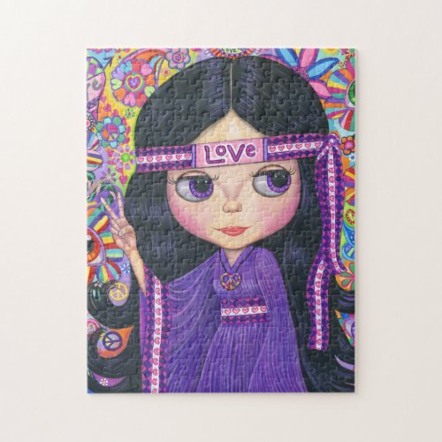 Love Hippie Girl Peace Sign Big Eyes Purple Jigsaw Puzzle