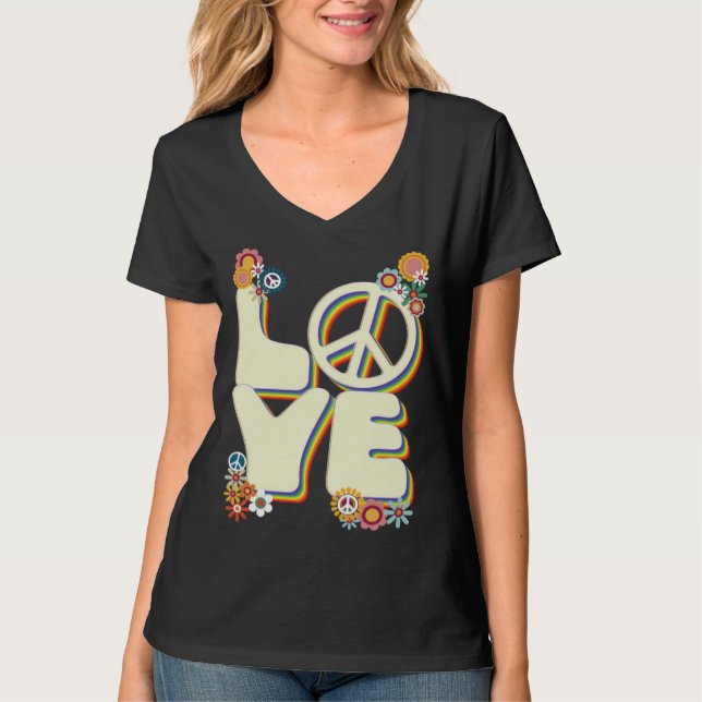 Love Hippie Peace Sign Flowers Groovy 60s 70s Retr T-Shirt (Front)