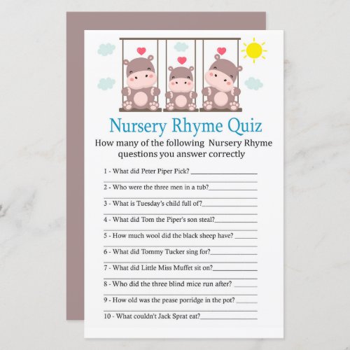 Love hippo Nursery Rhyme Quiz baby shower game