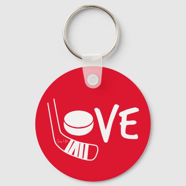 Love Hockey Ladies Girls Hockey Stick and Puck Red Keychain (Front)
