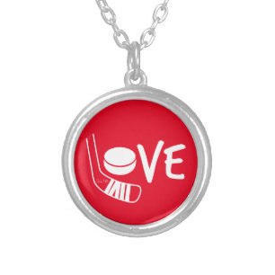 Love Hockey Ladies Girls Hockey Stick and Puck Red Silver Plated Necklace
