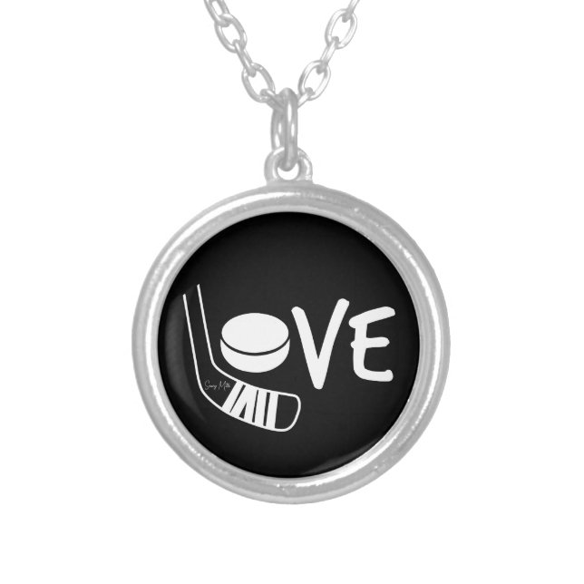Love Hockey Ladies Girls Hockey Stick and Puck Silver Plated Necklace (Front)