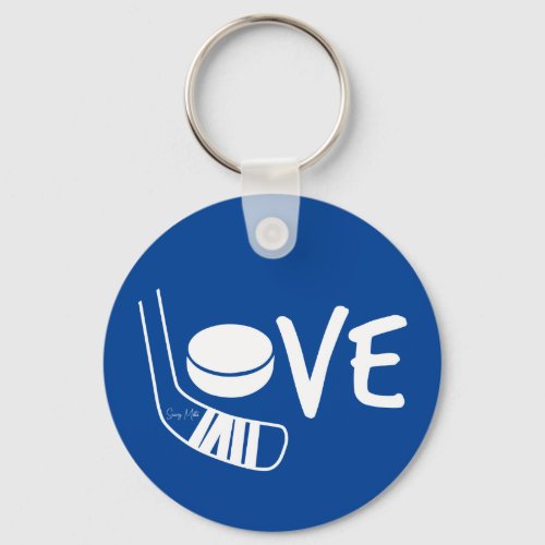 Love Hockey Ladies Girls Hockey Stick  Puck Blue Keychain