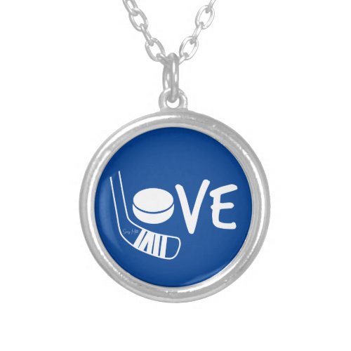 Love Hockey Ladies Girls Hockey Stick  Puck Blue Silver Plated Necklace